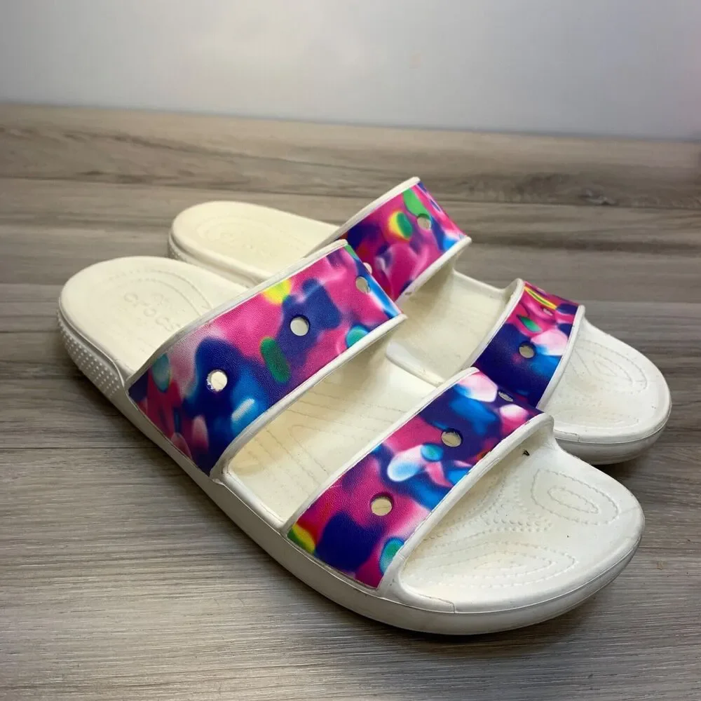 Crocs Mens Classic Solarized Slide Sandals 207771-102 Two Strap Blue‎ White 14